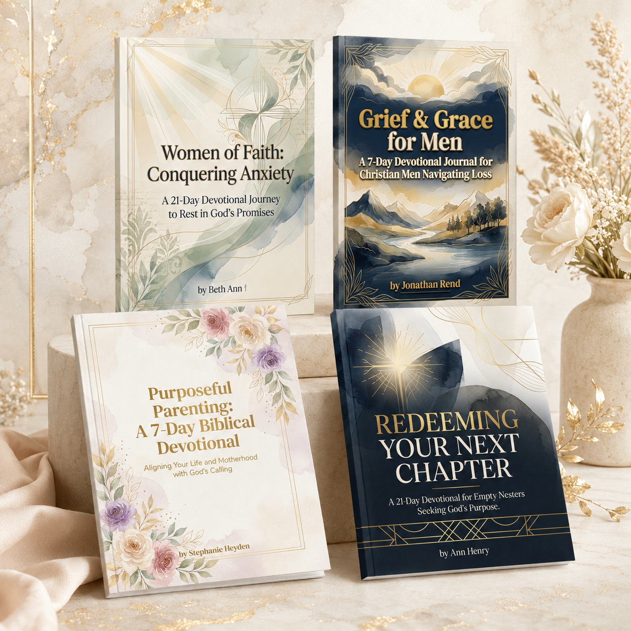 Four devotional journals styled in real-life settings, florals, mountain landscape, modern desk and library