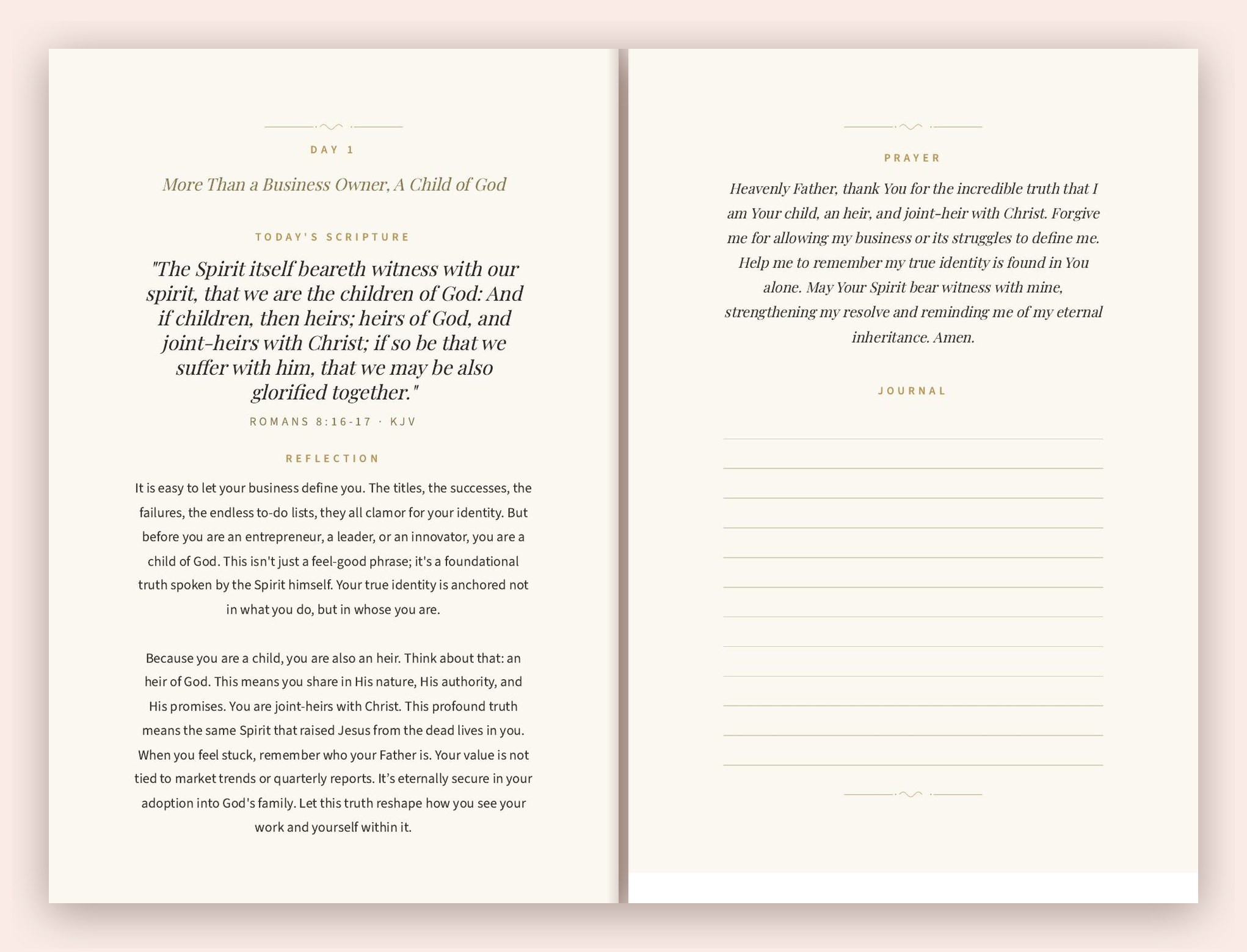 Open devotional journal showing Scripture, reflection, prayer and journal prompts